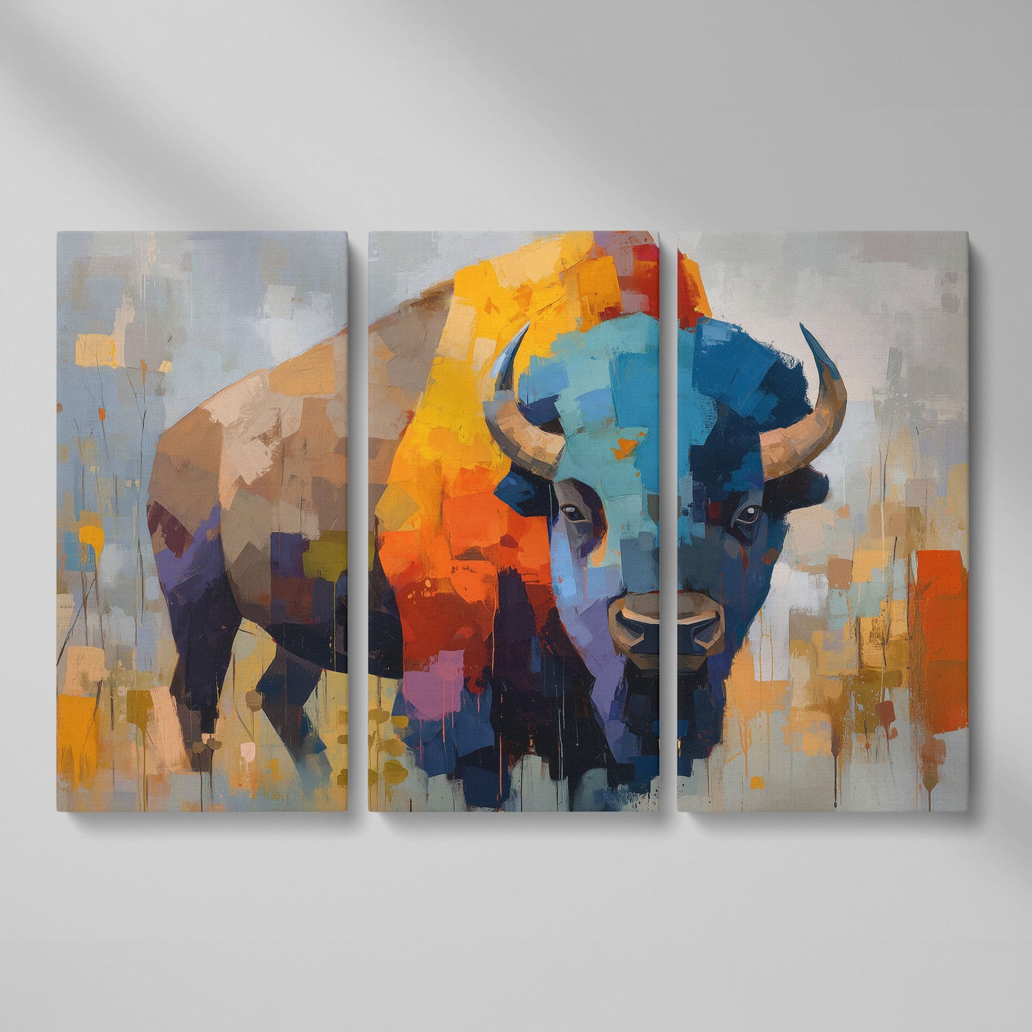 Abstract Bison Canvas Wall Art, Large Western Statement Piece as 3-panel split version