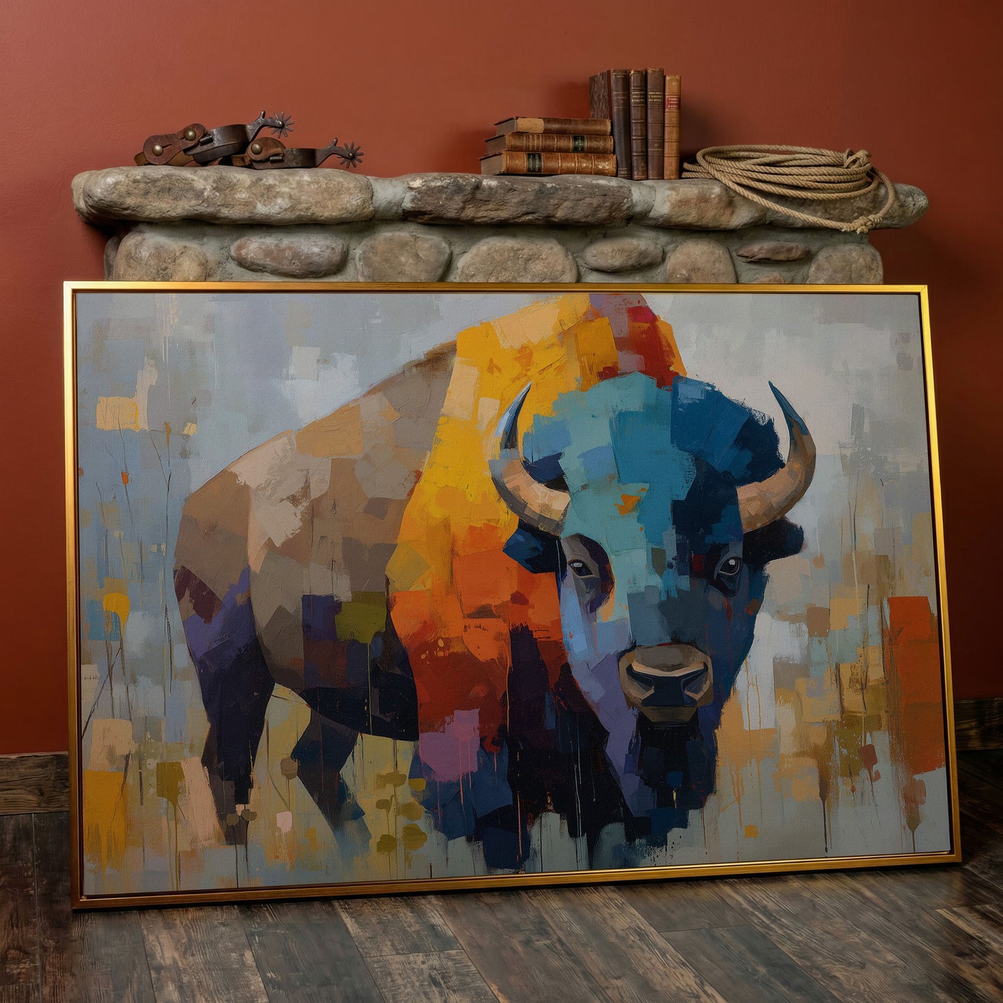 Abstract Bison Canvas Wall Art, Large Western Statement Piece in antique gold floating frame