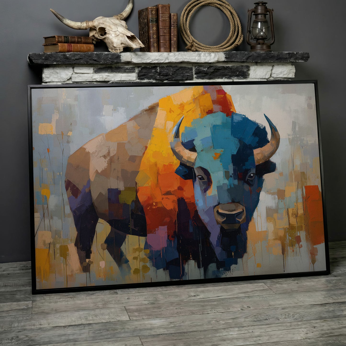 Abstract Bison Canvas Wall Art, Large Western Statement Piece in black floating frame