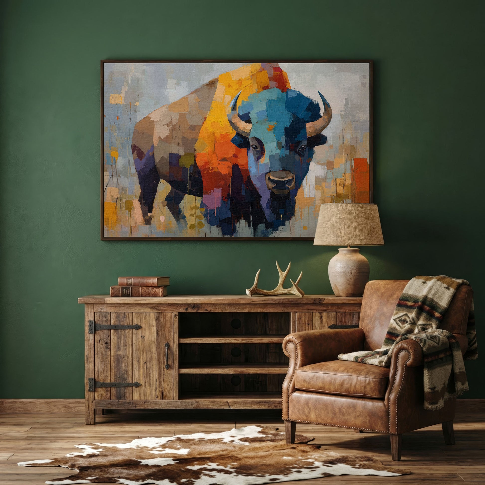 Abstract Bison Canvas Wall Art, Large Western Statement Piece in dark walnut floating frame