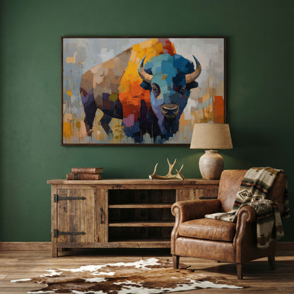 Abstract Bison Canvas Wall Art, Large Western Statement Piece in dark walnut floating frame