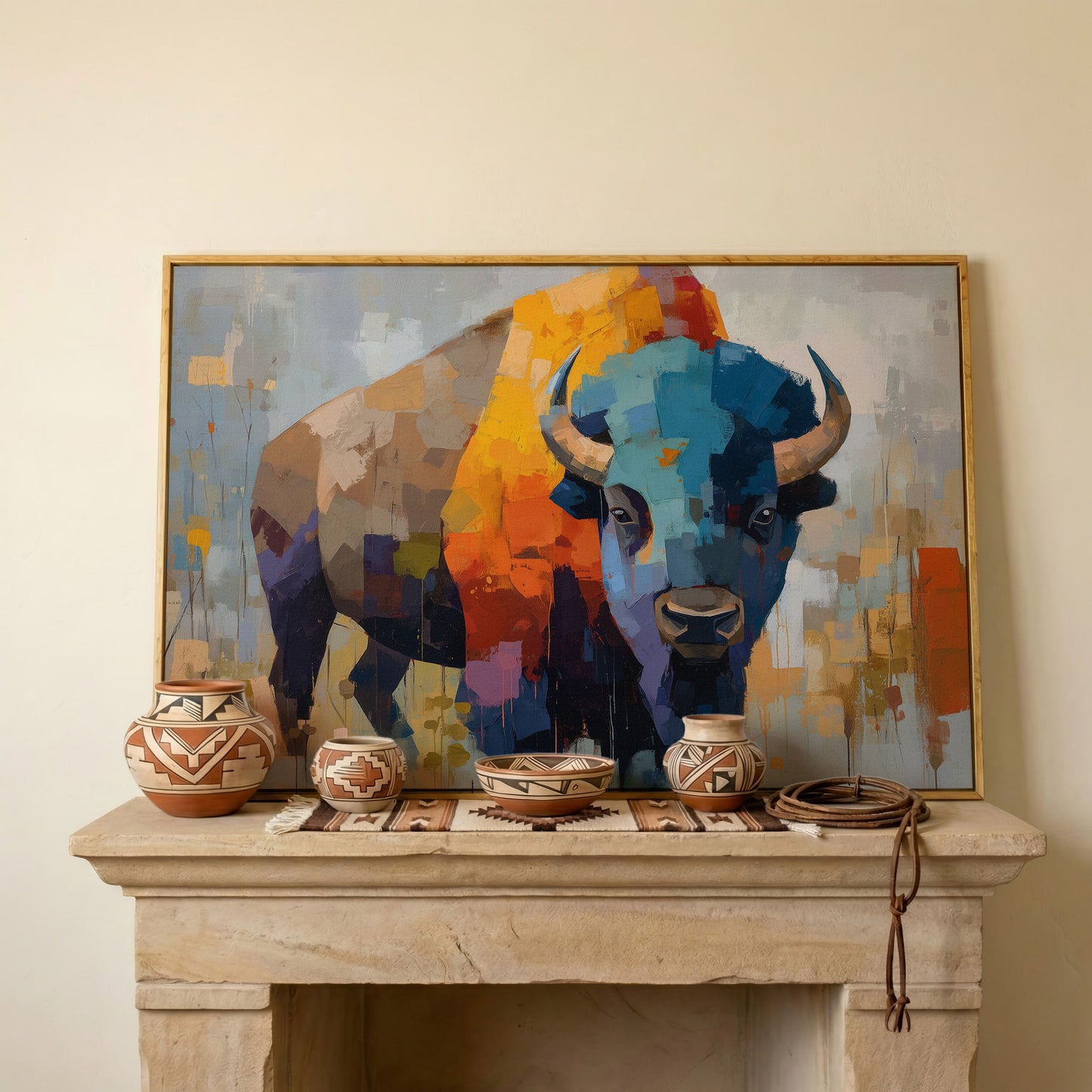 Abstract Bison Canvas Wall Art, Large Western Statement Piece in white oak floating frame