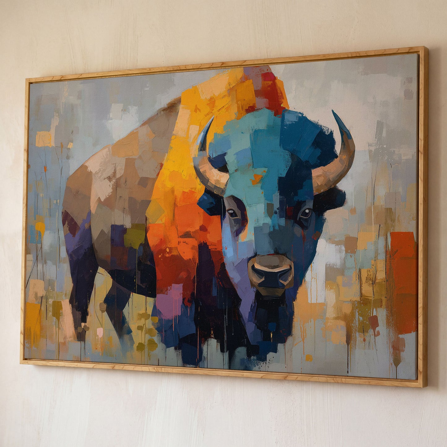 Abstract Bison Canvas Wall Art, Large Western Statement Piece shown in white oak floating frame