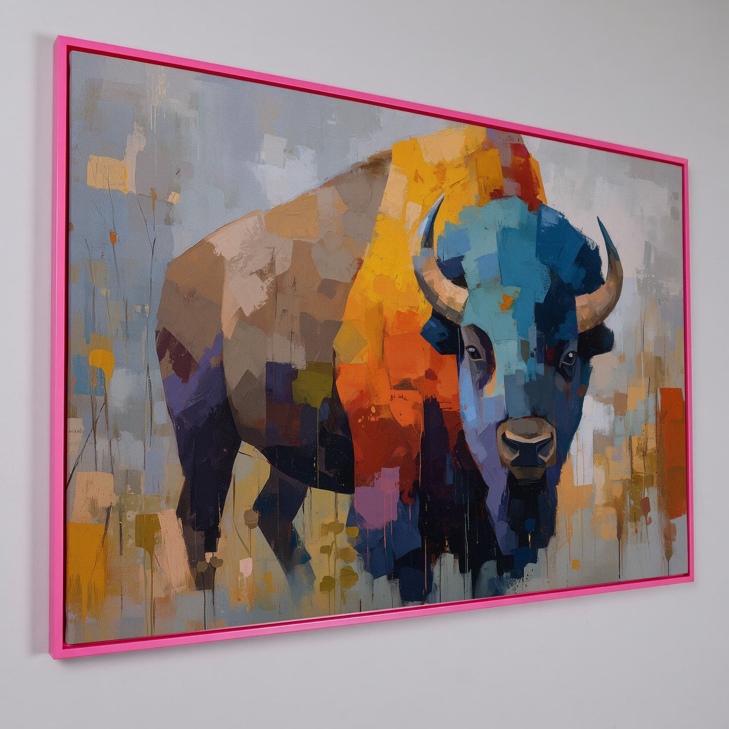Abstract Bison Canvas Wall Art, Large Western Statement Piece in pink floating frame