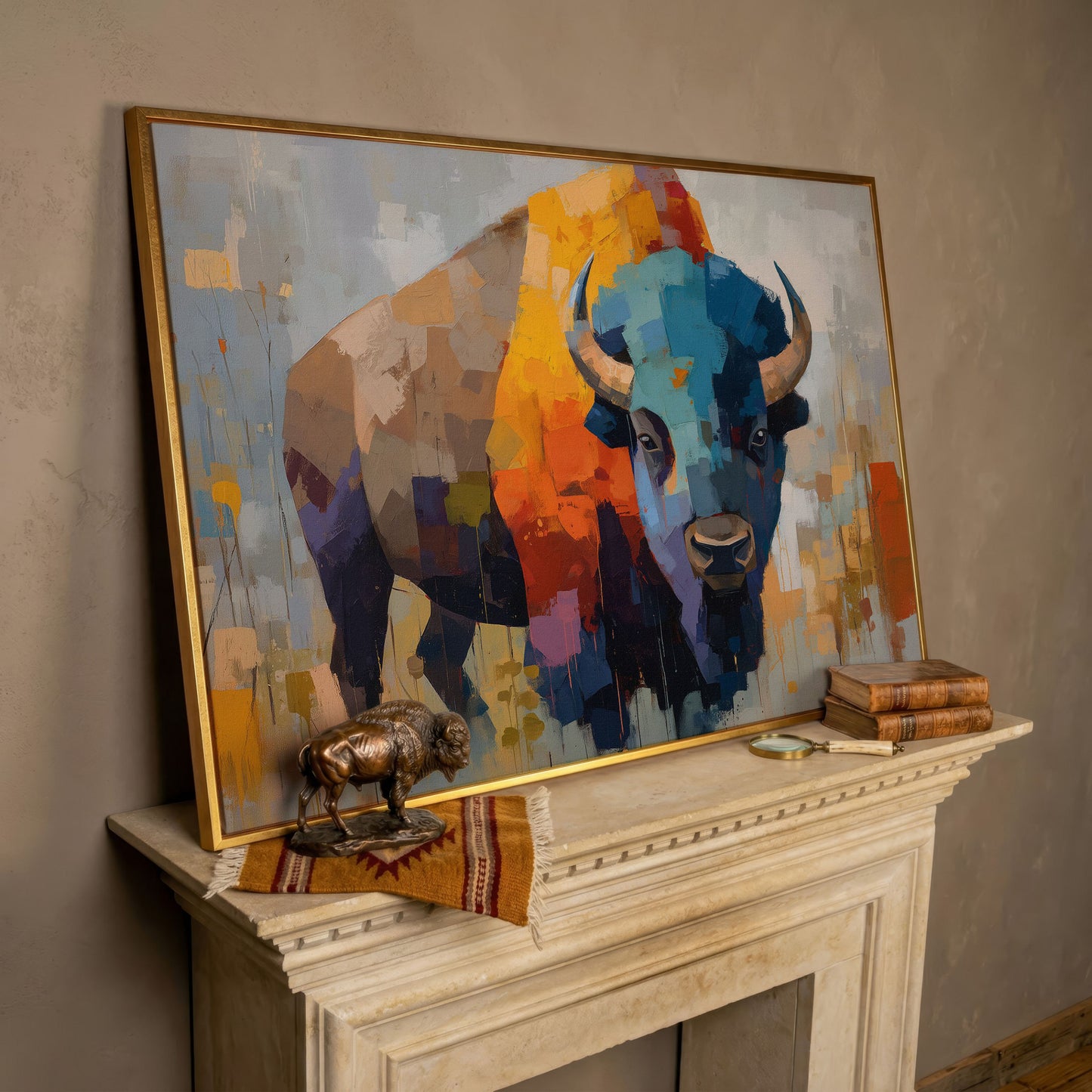 Abstract Bison Canvas Wall Art, Large Western Statement Piece in rose gold floating frame