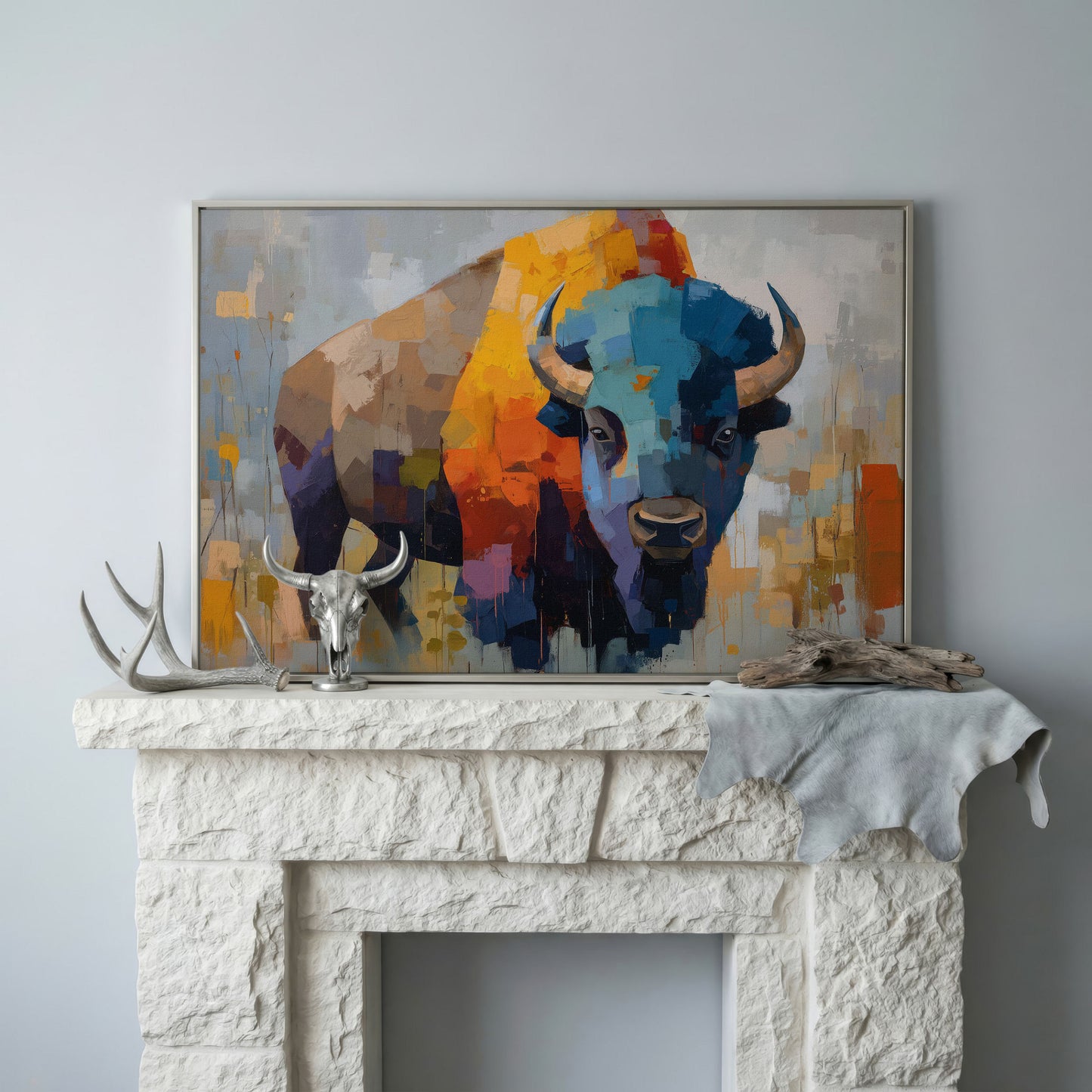 Abstract Bison Canvas Wall Art, Large Western Statement Piece in silver floating frame