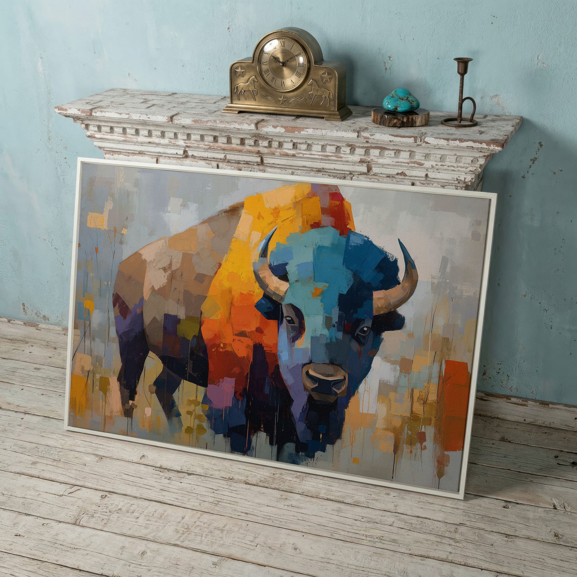 Abstract Bison Canvas Wall Art, Large Western Statement Piece in white floating frame