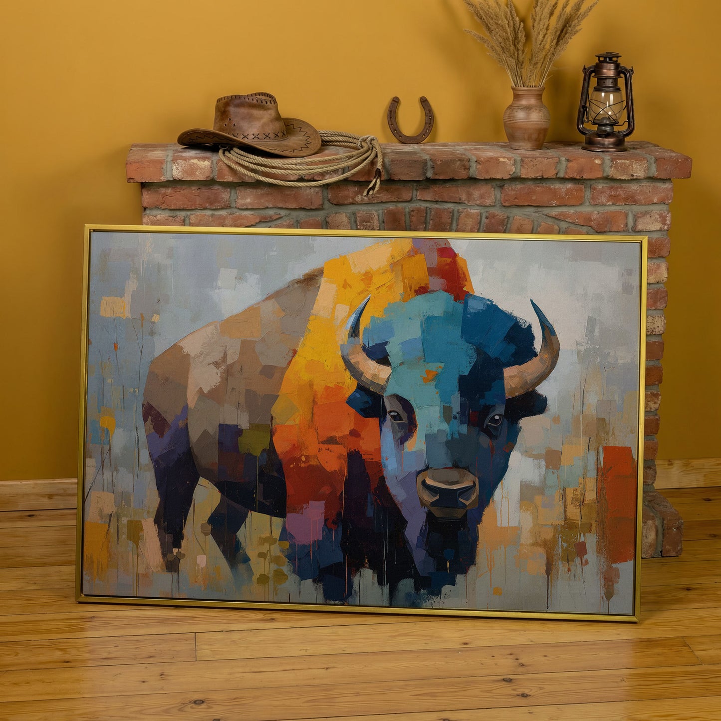 Abstract Bison Canvas Wall Art, Large Western Statement Piece in yellow gold floating frame