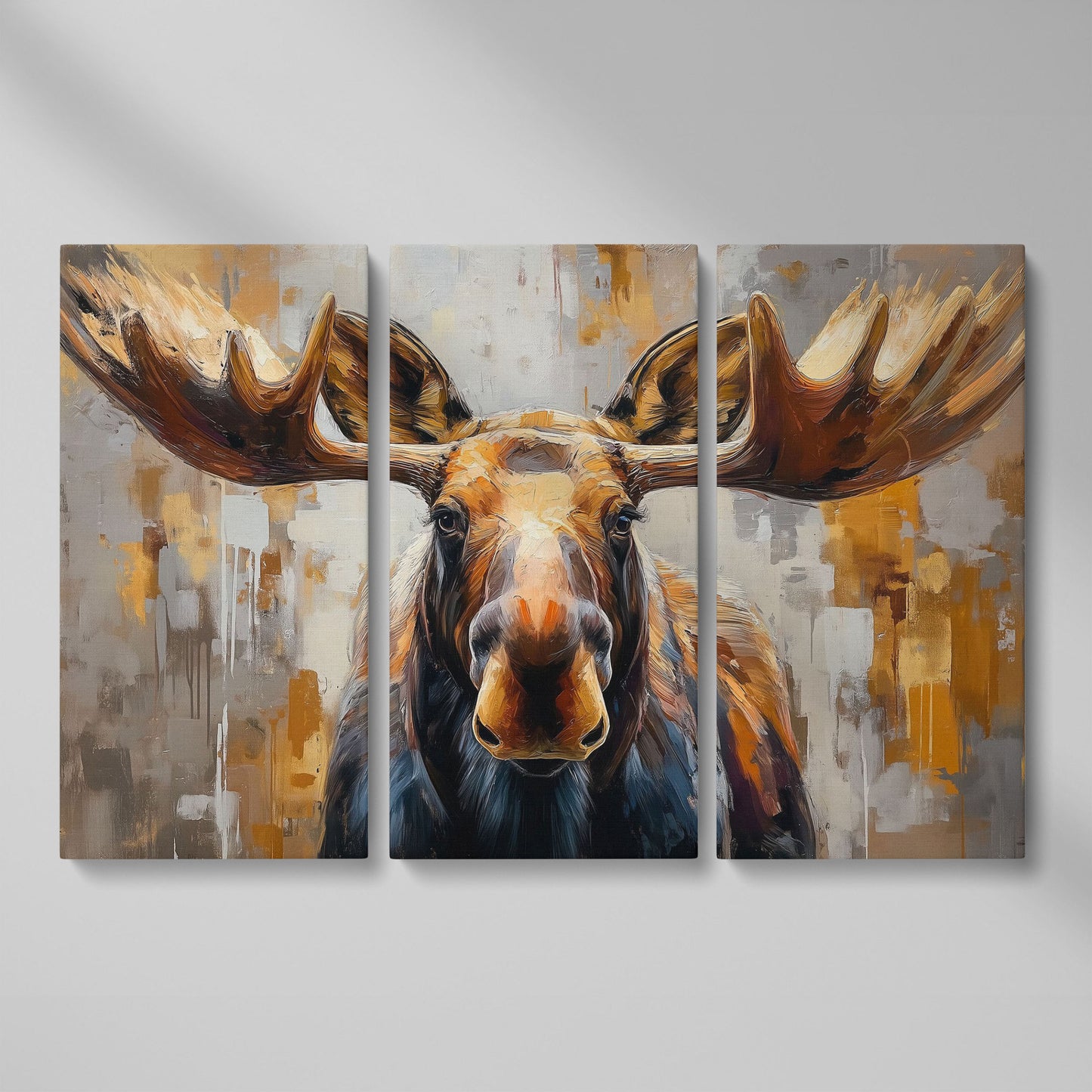 Moose Portrait Canvas Wall Art, Close-Up Antler Study as 3-panel split version