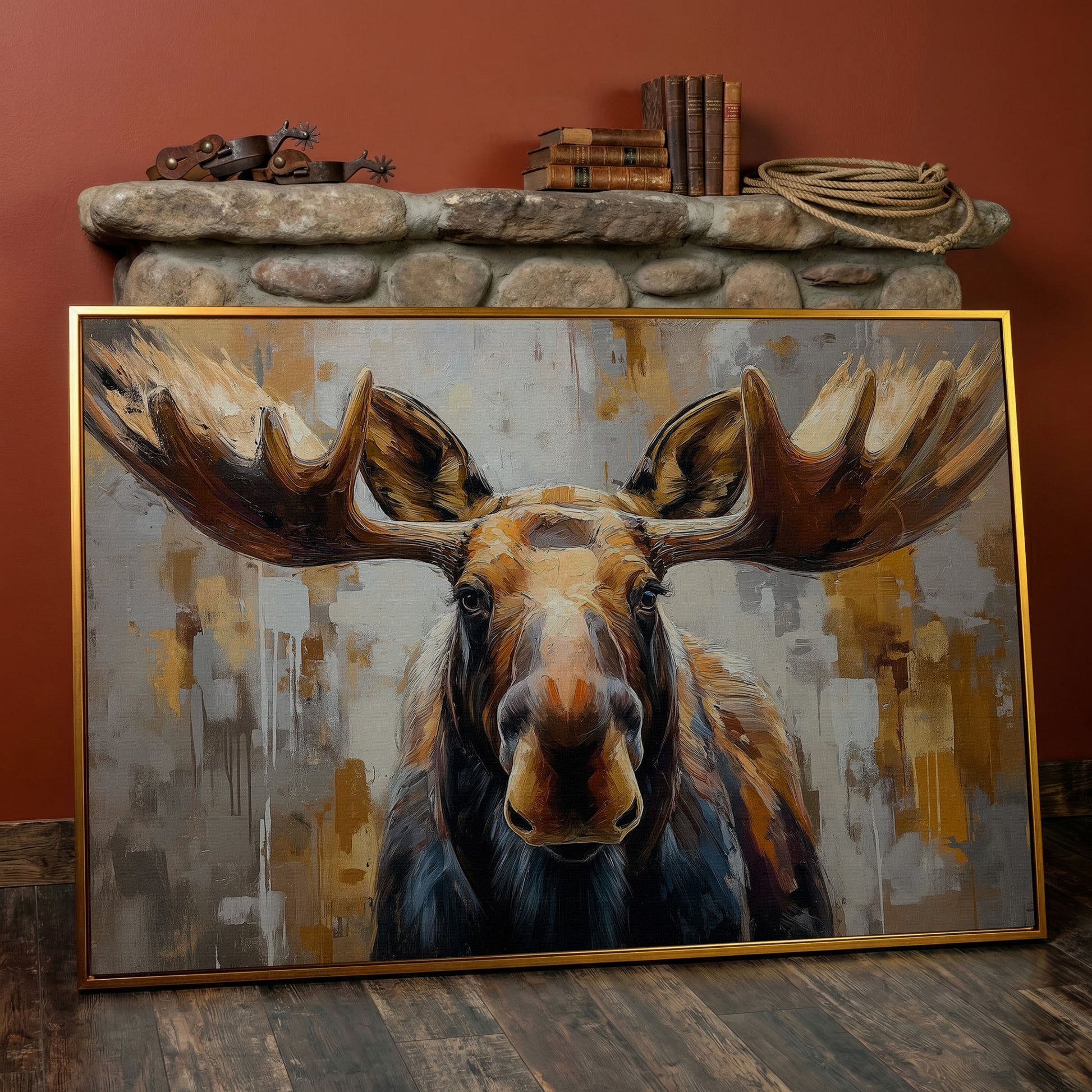 Moose Portrait Canvas Wall Art, Close-Up Antler Study in antique gold floating frame