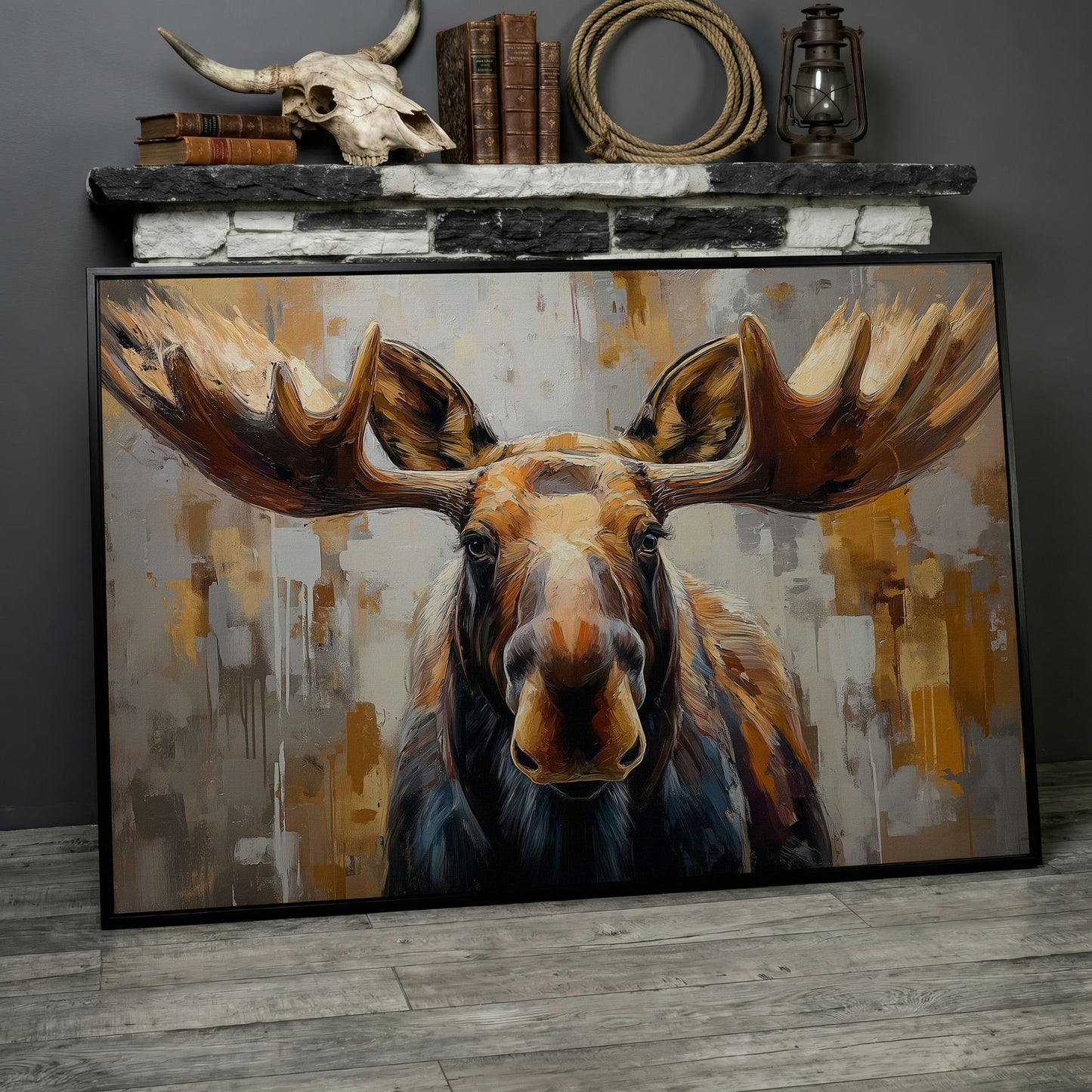 Moose Portrait Canvas Wall Art, Close-Up Antler Study in black floating frame