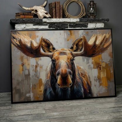 Moose Portrait Canvas Wall Art, Close-Up Antler Study in black floating frame