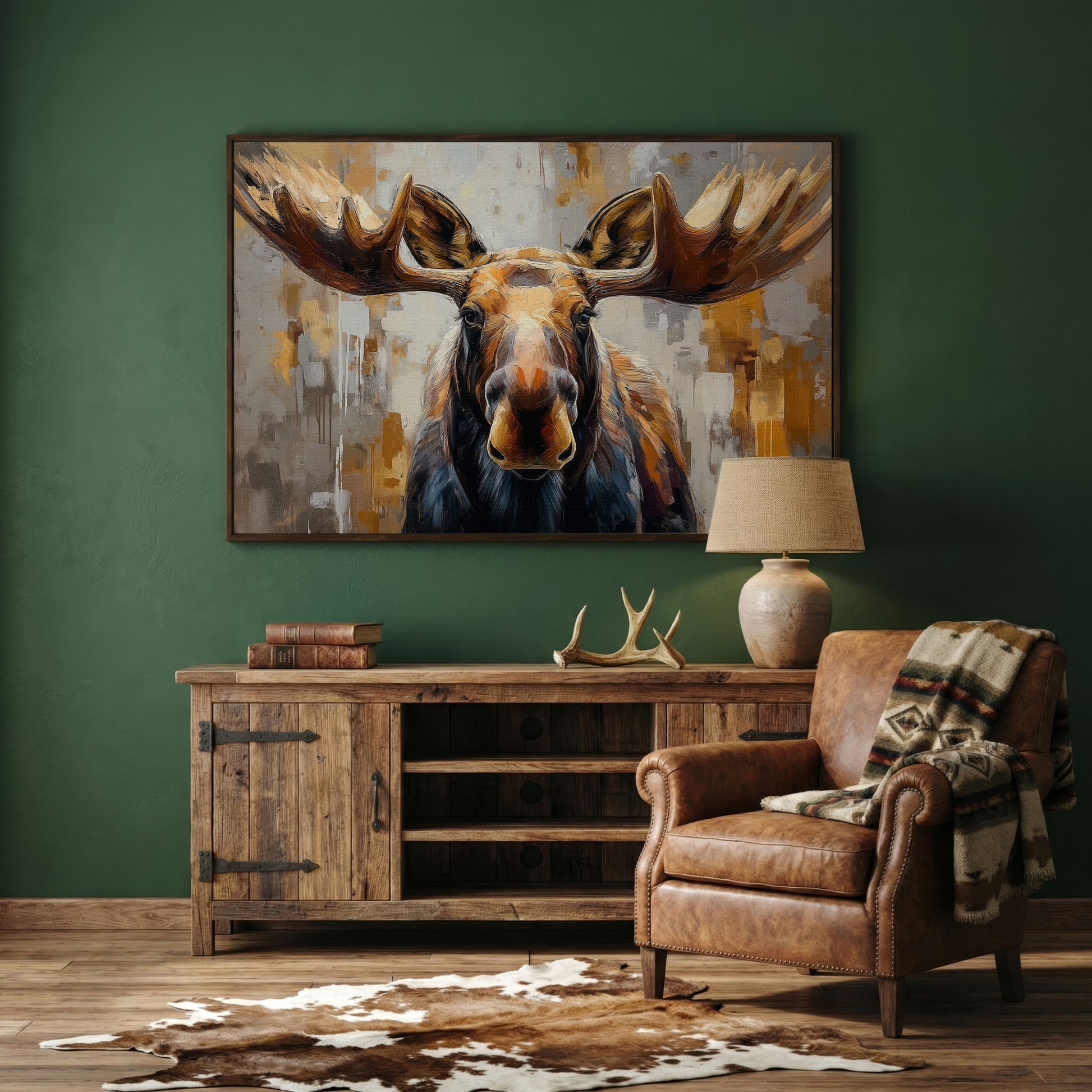 Moose Portrait Canvas Wall Art, Close-Up Antler Study in dark walnut floating frame