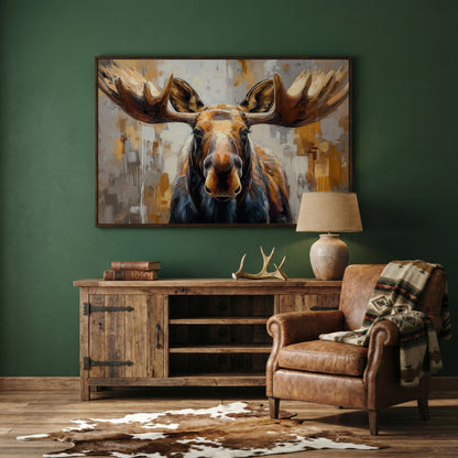 Moose Portrait Canvas Wall Art, Close-Up Antler Study in dark walnut floating frame