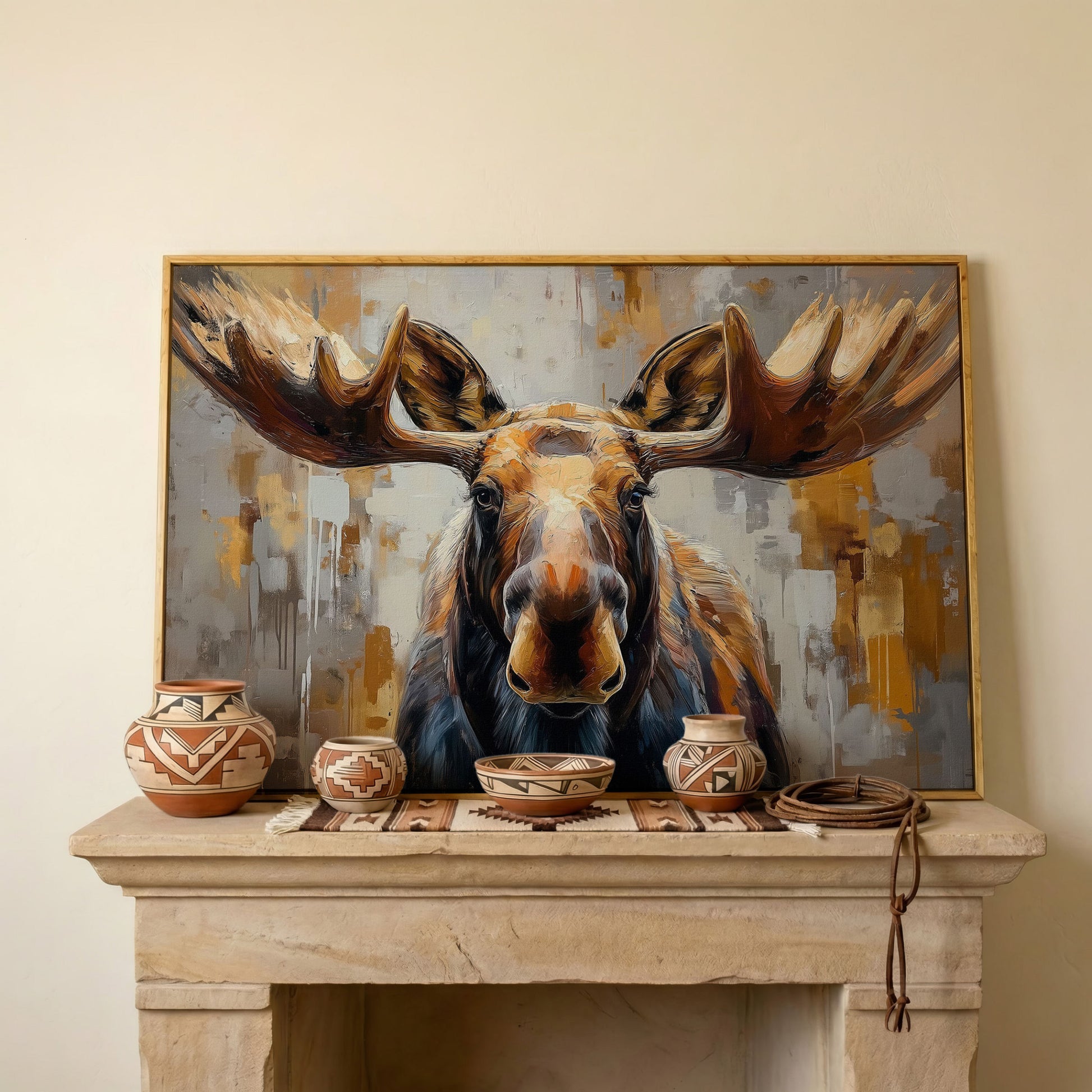 Moose Portrait Canvas Wall Art, Close-Up Antler Study in white oak floating frame