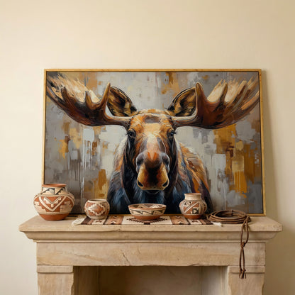 Moose Portrait Canvas Wall Art, Close-Up Antler Study in white oak floating frame