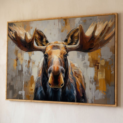 Moose Portrait Canvas Wall Art, Close-Up Antler Study shown in white oak floating frame