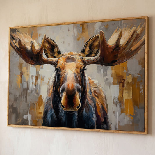 Moose Portrait Canvas Wall Art, Close-Up Antler Study shown in white oak floating frame