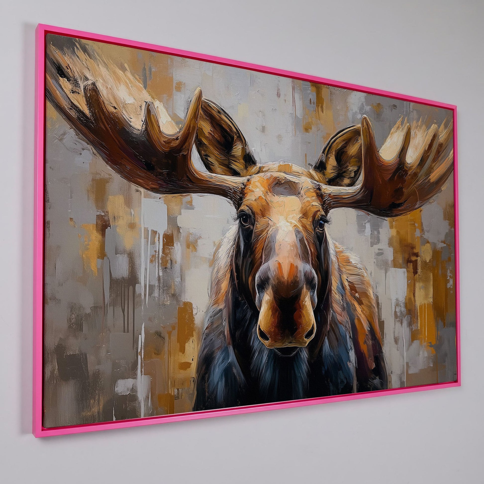Moose Portrait Canvas Wall Art, Close-Up Antler Study in pink floating frame