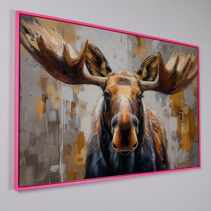 Moose Portrait Canvas Wall Art, Close-Up Antler Study in pink floating frame