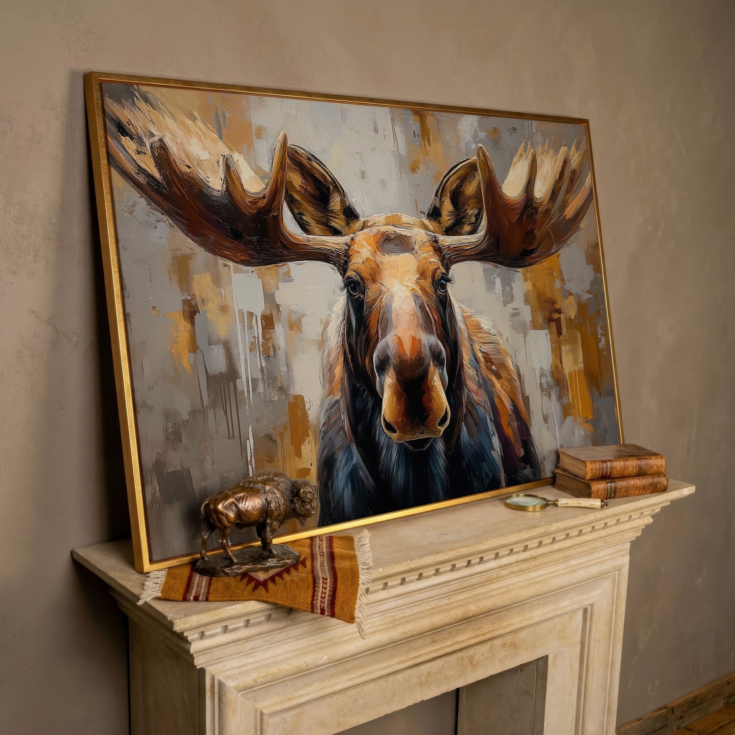 Moose Portrait Canvas Wall Art, Close-Up Antler Study in rose gold floating frame