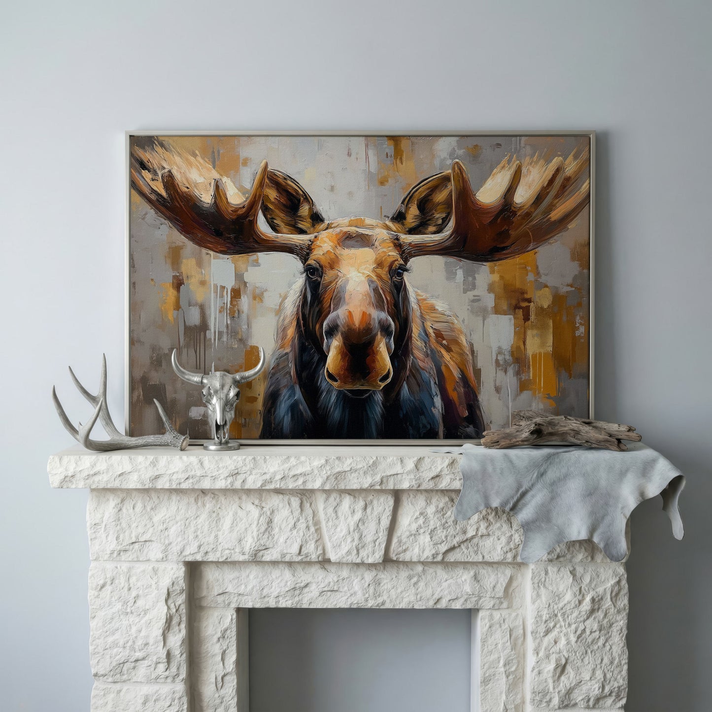 Moose Portrait Canvas Wall Art, Close-Up Antler Study in silver floating frame