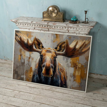 Moose Portrait Canvas Wall Art, Close-Up Antler Study in white floating frame