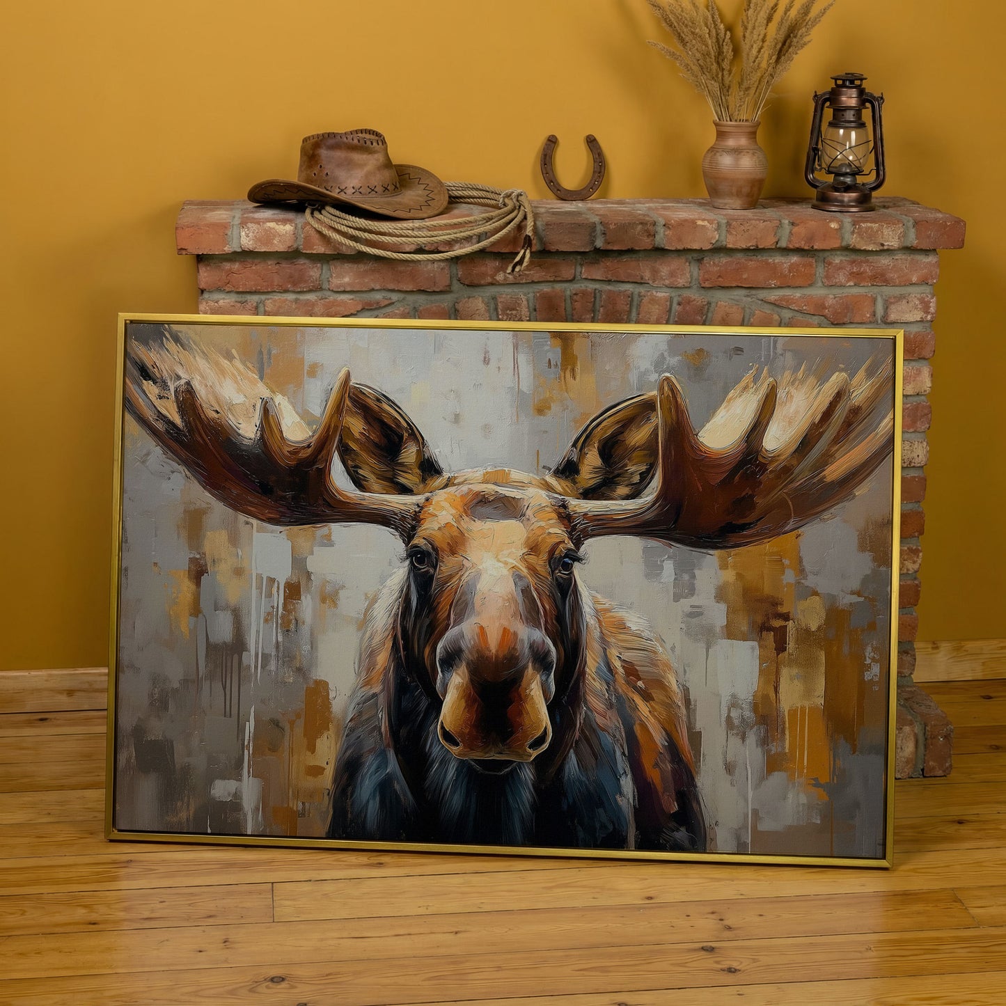 Moose Portrait Canvas Wall Art, Close-Up Antler Study in yellow gold floating frame