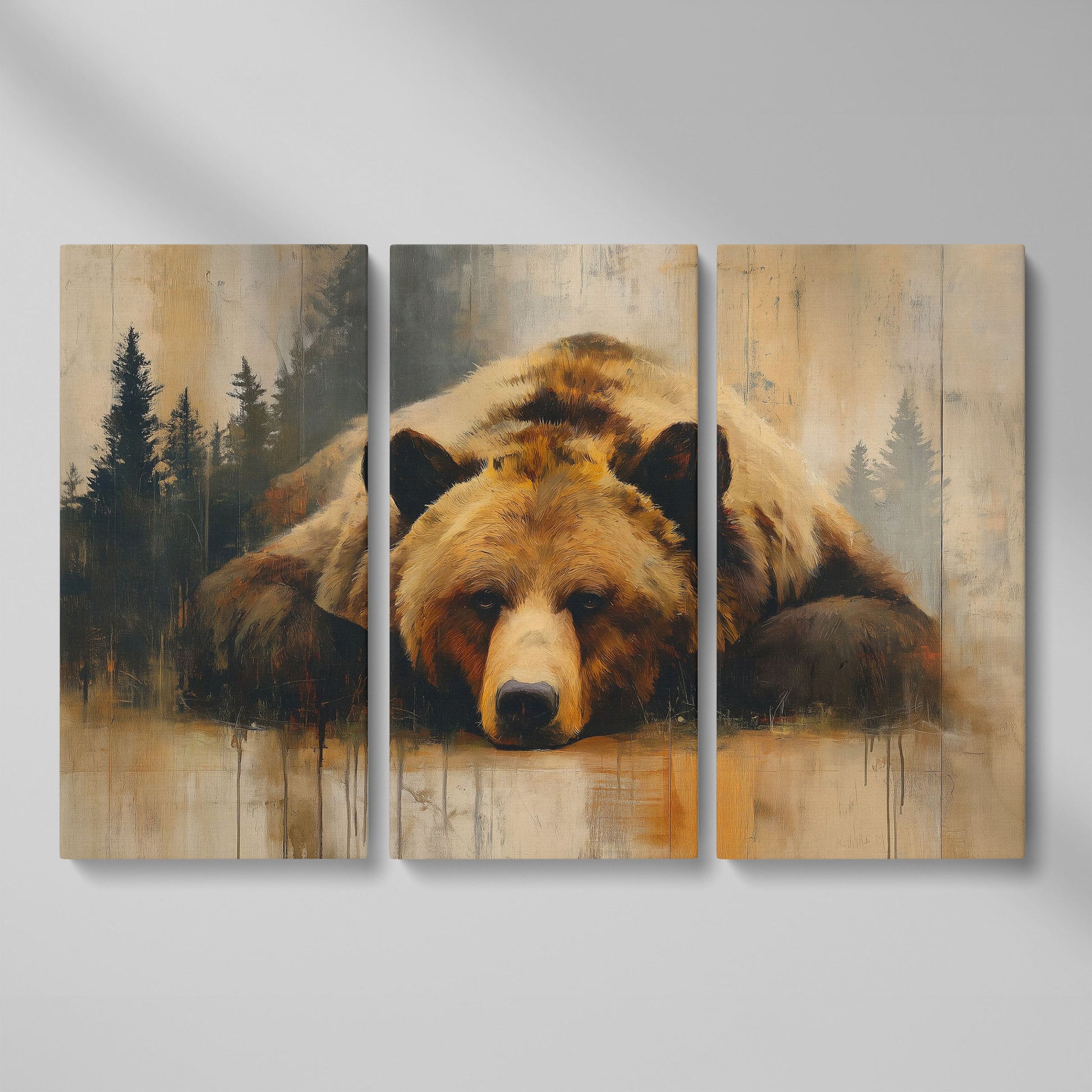 Grizzly Bear Close-Up Canvas Art, Misty Forest Background as 3-panel split version