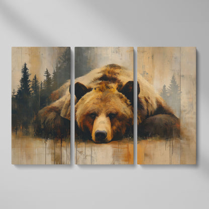 Grizzly Bear Close-Up Canvas Art, Misty Forest Background as 3-panel split version