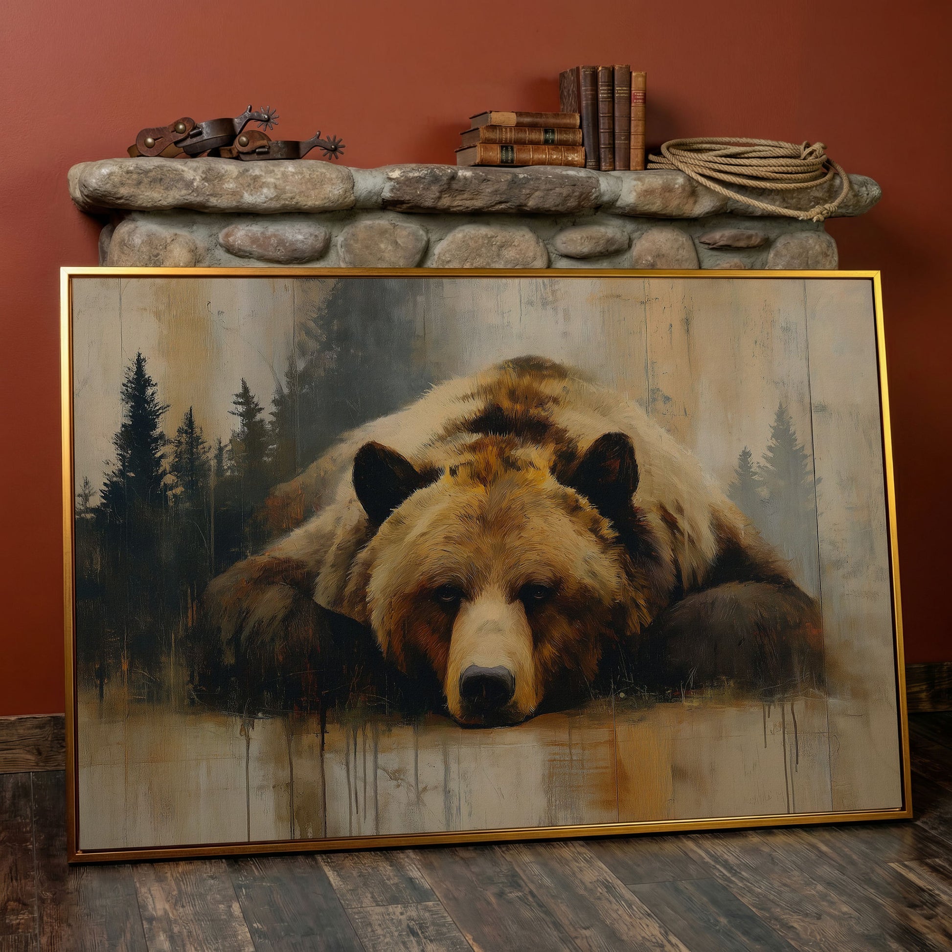 Grizzly Bear Close-Up Canvas Art, Misty Forest Background in antique gold floating frame
