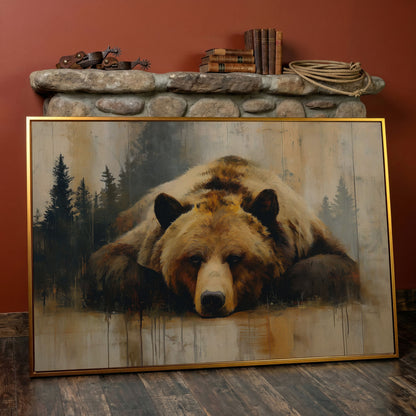 Grizzly Bear Close-Up Canvas Art, Misty Forest Background in antique gold floating frame