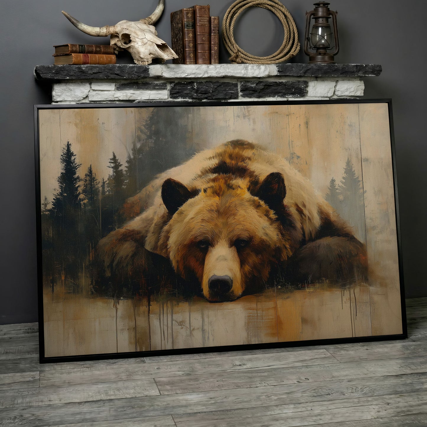 Grizzly Bear Close-Up Canvas Art, Misty Forest Background in black floating frame