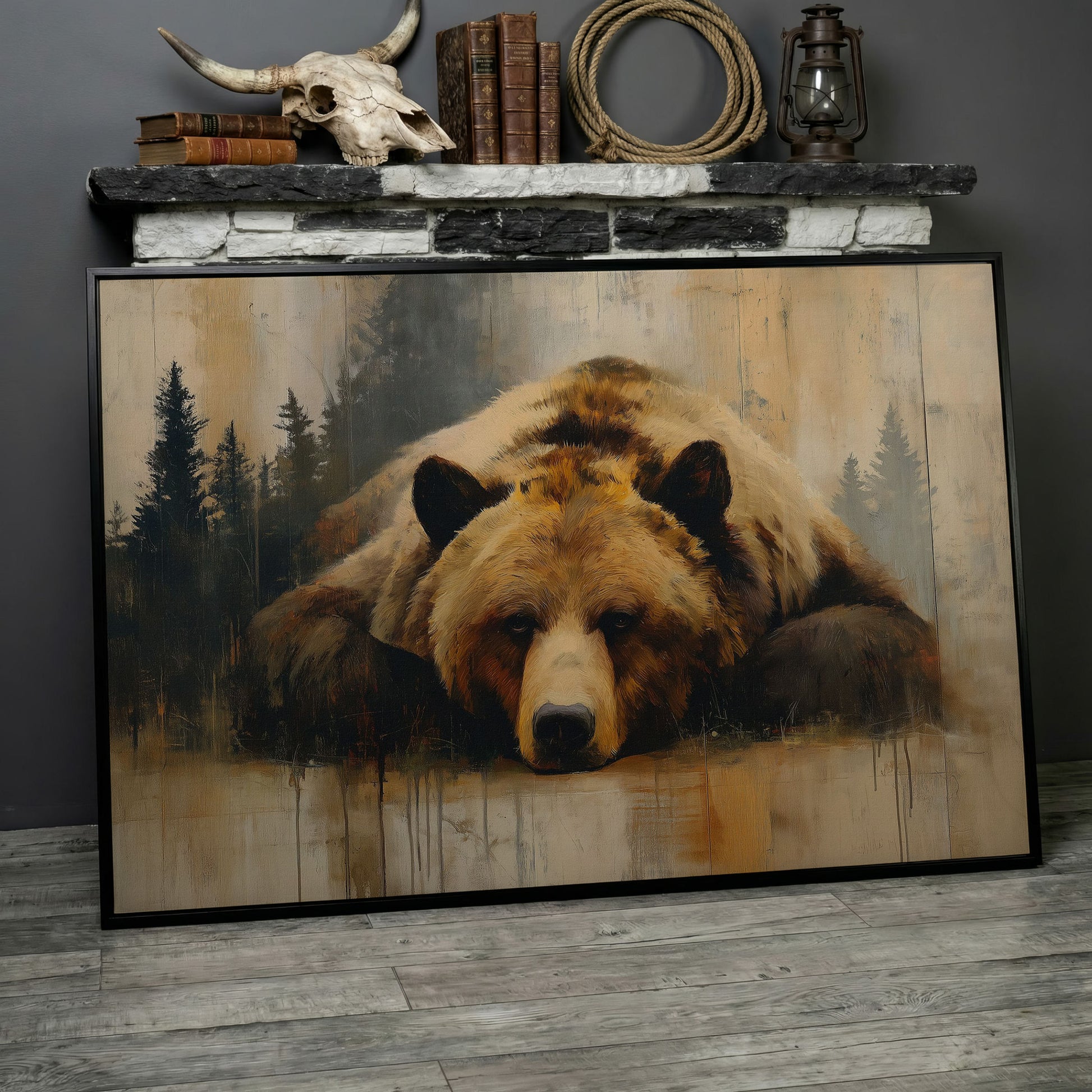 Grizzly Bear Close-Up Canvas Art, Misty Forest Background in black floating frame