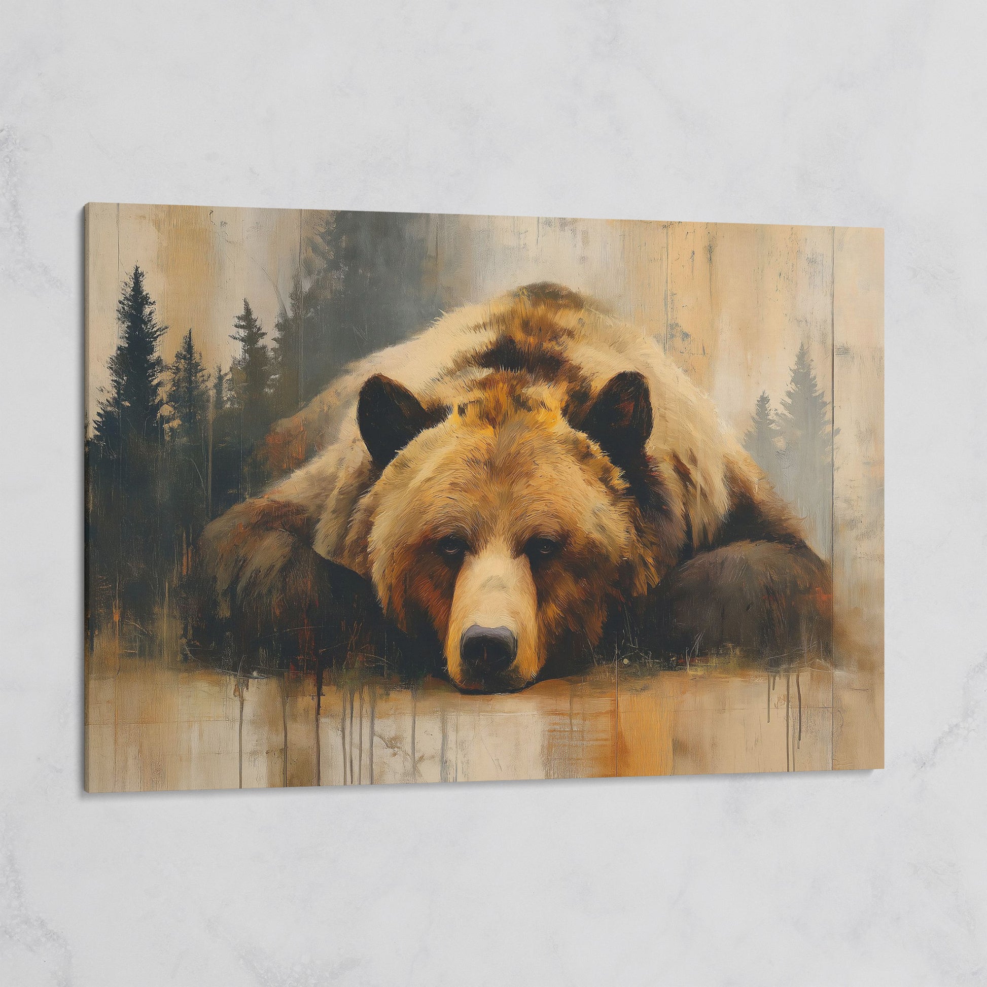 Grizzly Bear Close-Up Canvas Art, Misty Forest Background on gallery wrap