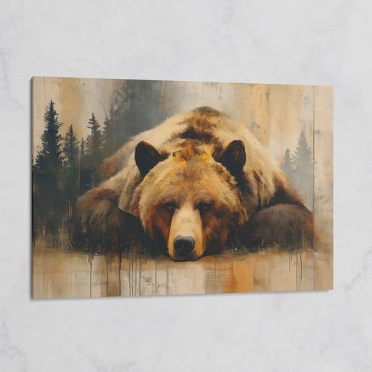 Grizzly Bear Close-Up Canvas Art, Misty Forest Background on gallery wrap