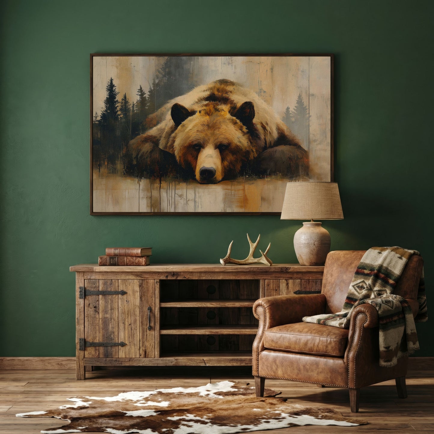 Grizzly Bear Close-Up Canvas Art, Misty Forest Background in dark walnut floating frame