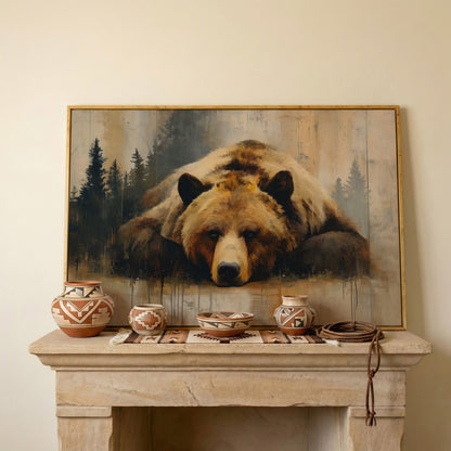Grizzly Bear Close-Up Canvas Art, Misty Forest Background in white oak floating frame