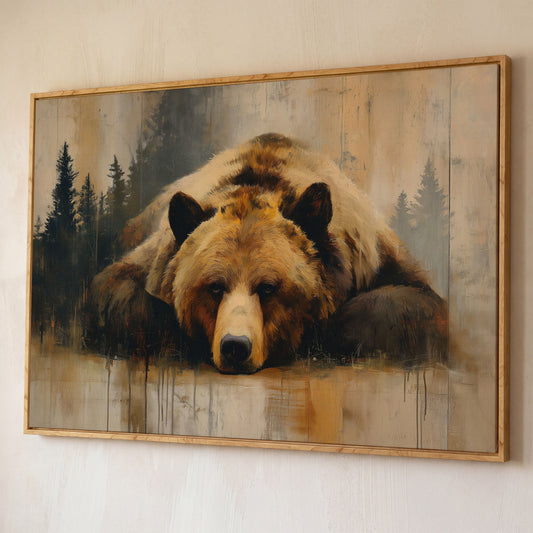Grizzly Bear Close-Up Canvas Art, Misty Forest Background shown in white oak floating frame