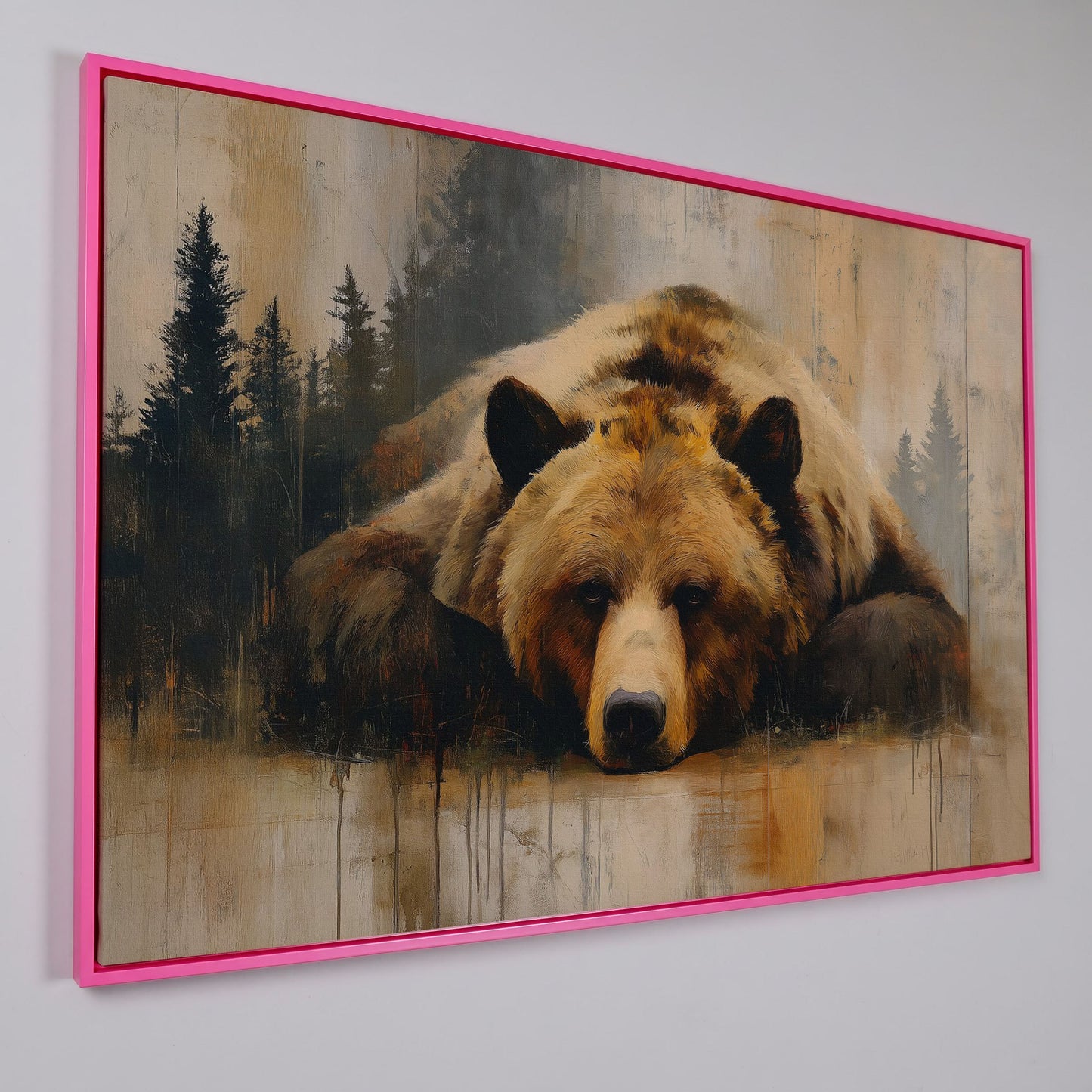 Grizzly Bear Close-Up Canvas Art, Misty Forest Background in pink floating frame