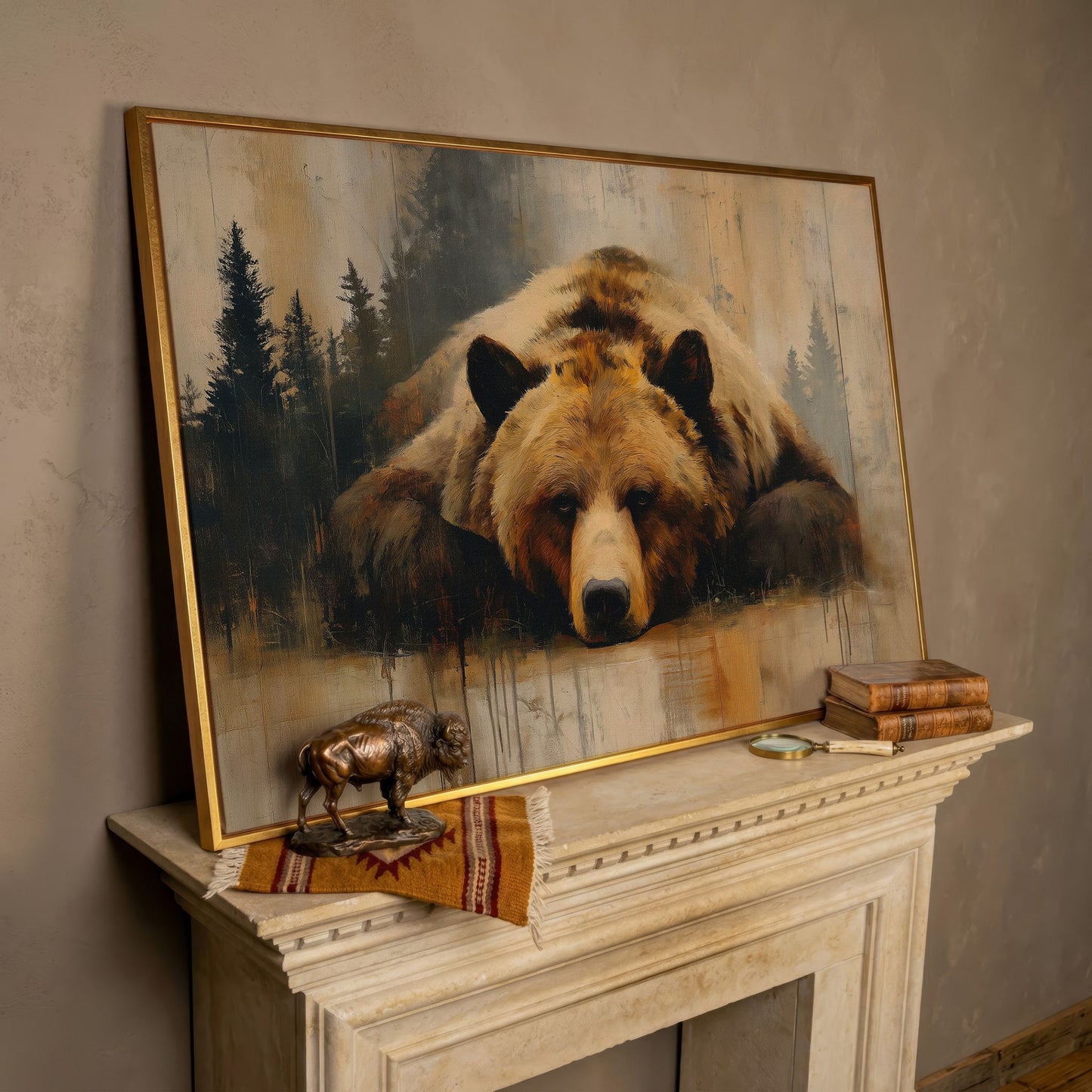 Grizzly Bear Close-Up Canvas Art, Misty Forest Background in rose gold floating frame