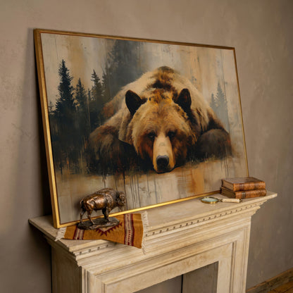 Grizzly Bear Close-Up Canvas Art, Misty Forest Background in rose gold floating frame