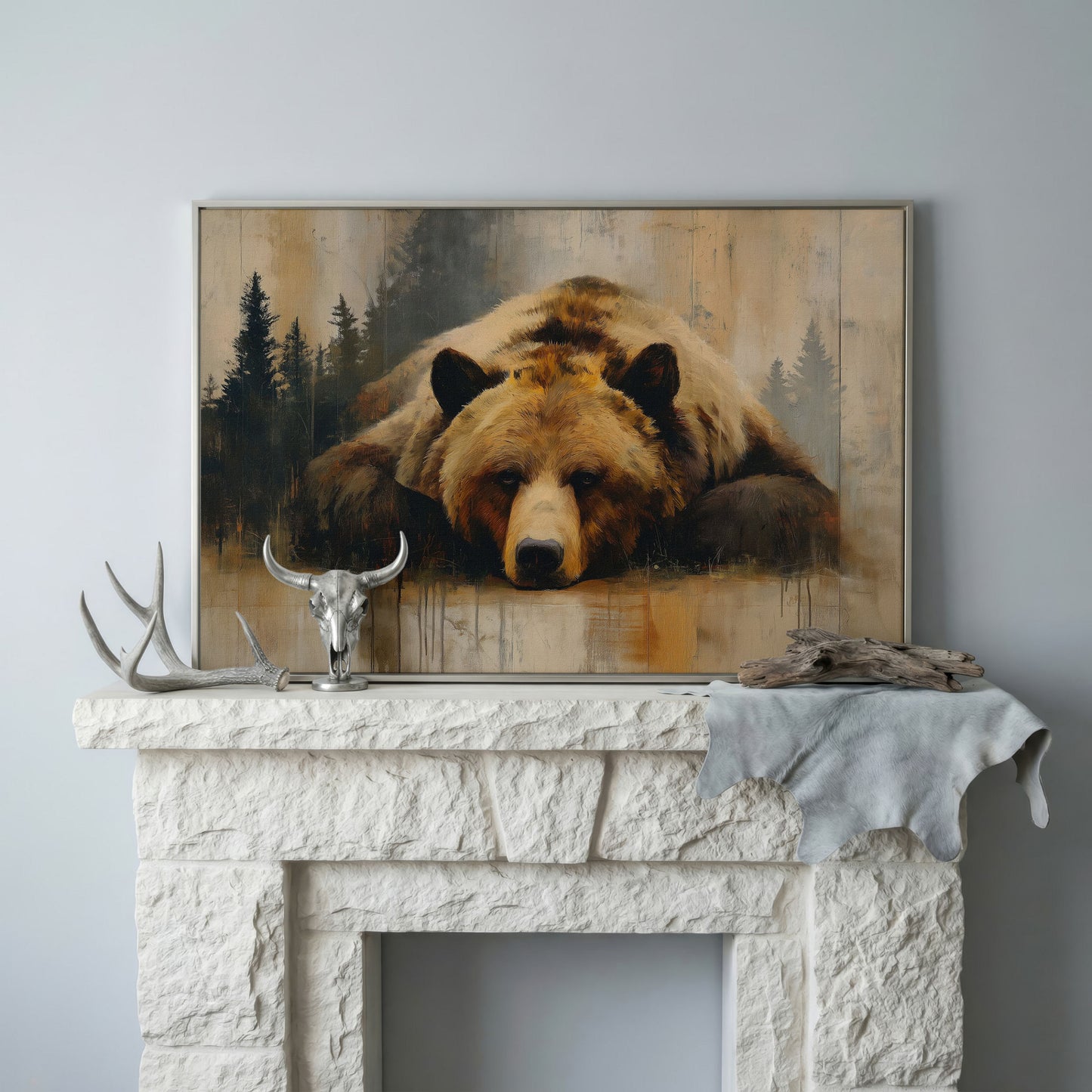Grizzly Bear Close-Up Canvas Art, Misty Forest Background in silver floating frame