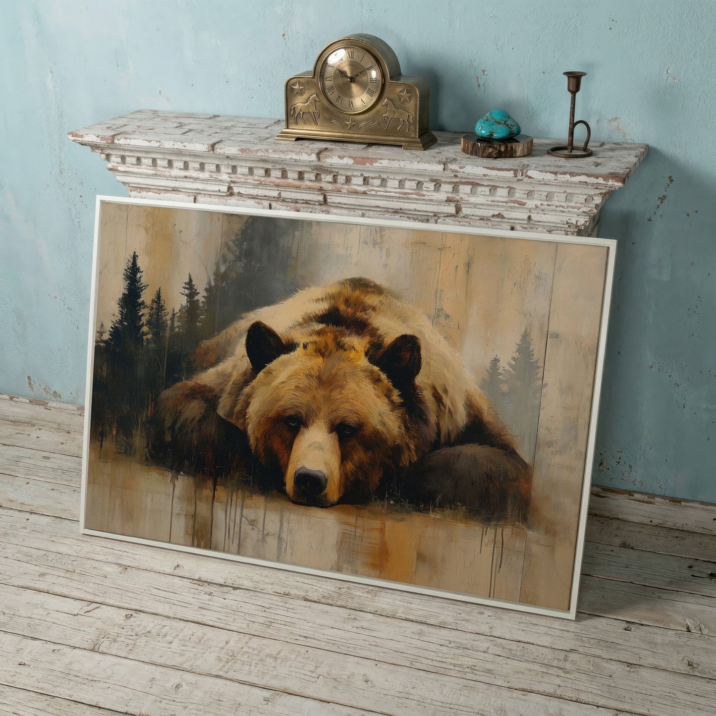 Grizzly Bear Close-Up Canvas Art, Misty Forest Background in white floating frame