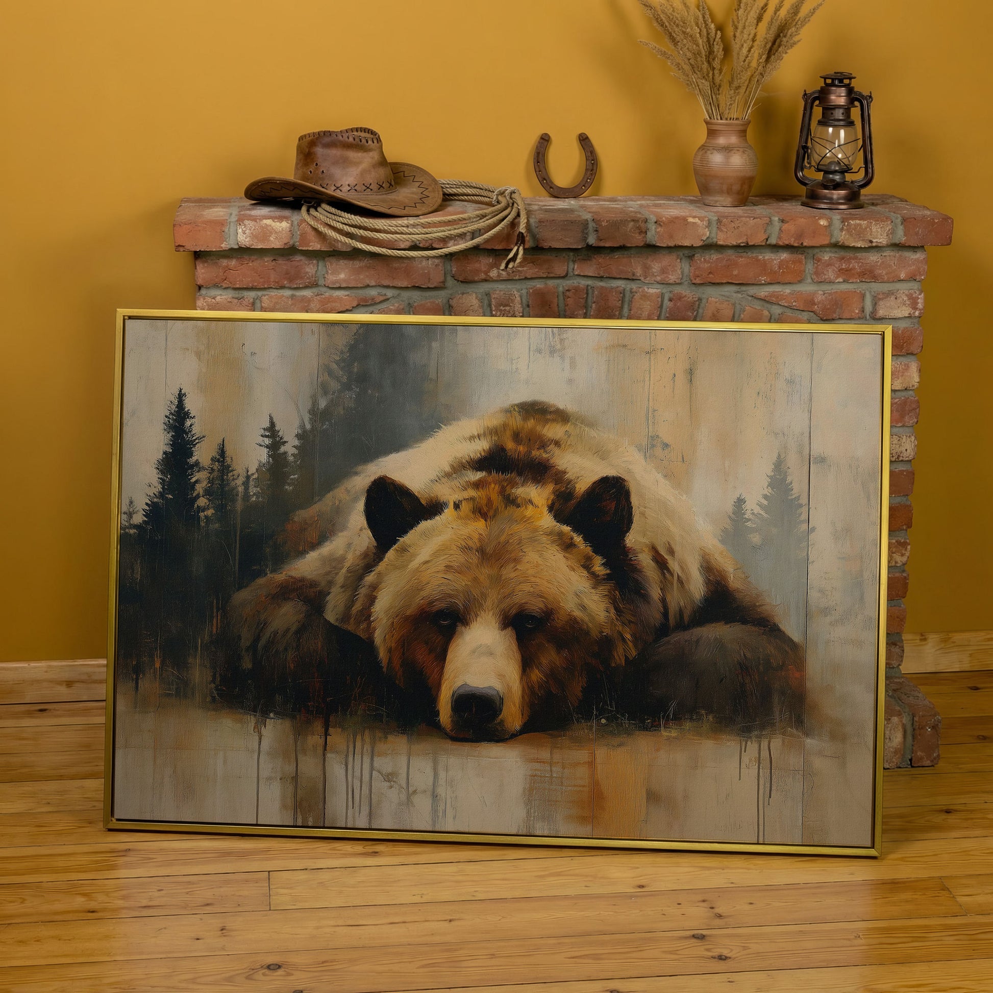 Grizzly Bear Close-Up Canvas Art, Misty Forest Background in yellow gold floating frame