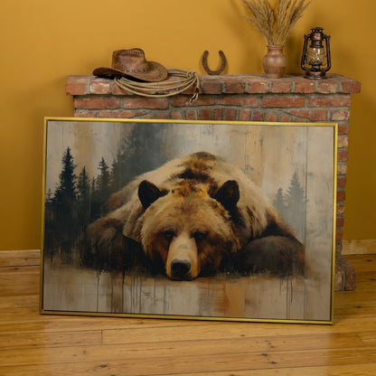 Grizzly Bear Close-Up Canvas Art, Misty Forest Background in yellow gold floating frame