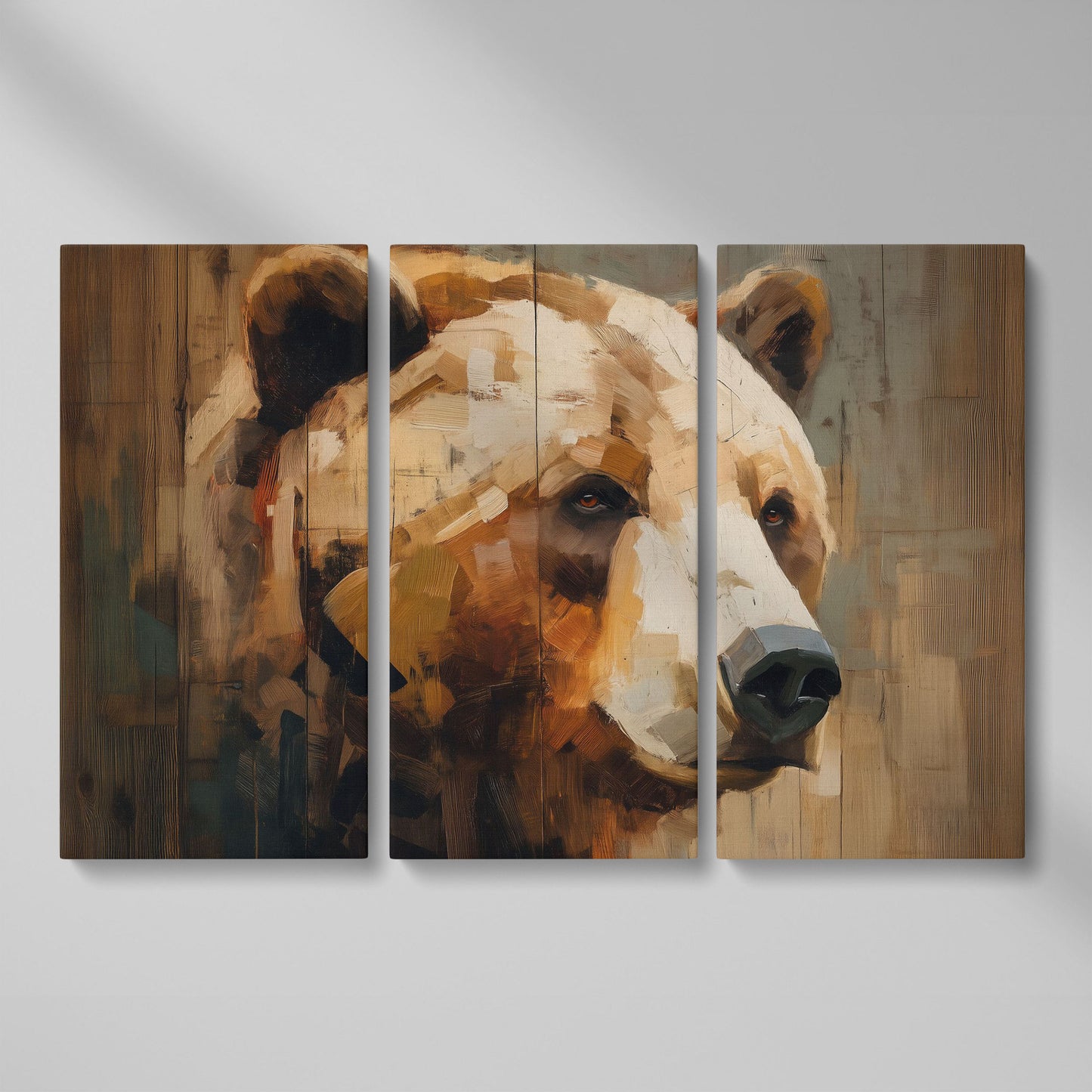 Grizzly Bear Portrait Canvas Wall Art, Cabin and Wildlife Decor as 3-panel split version