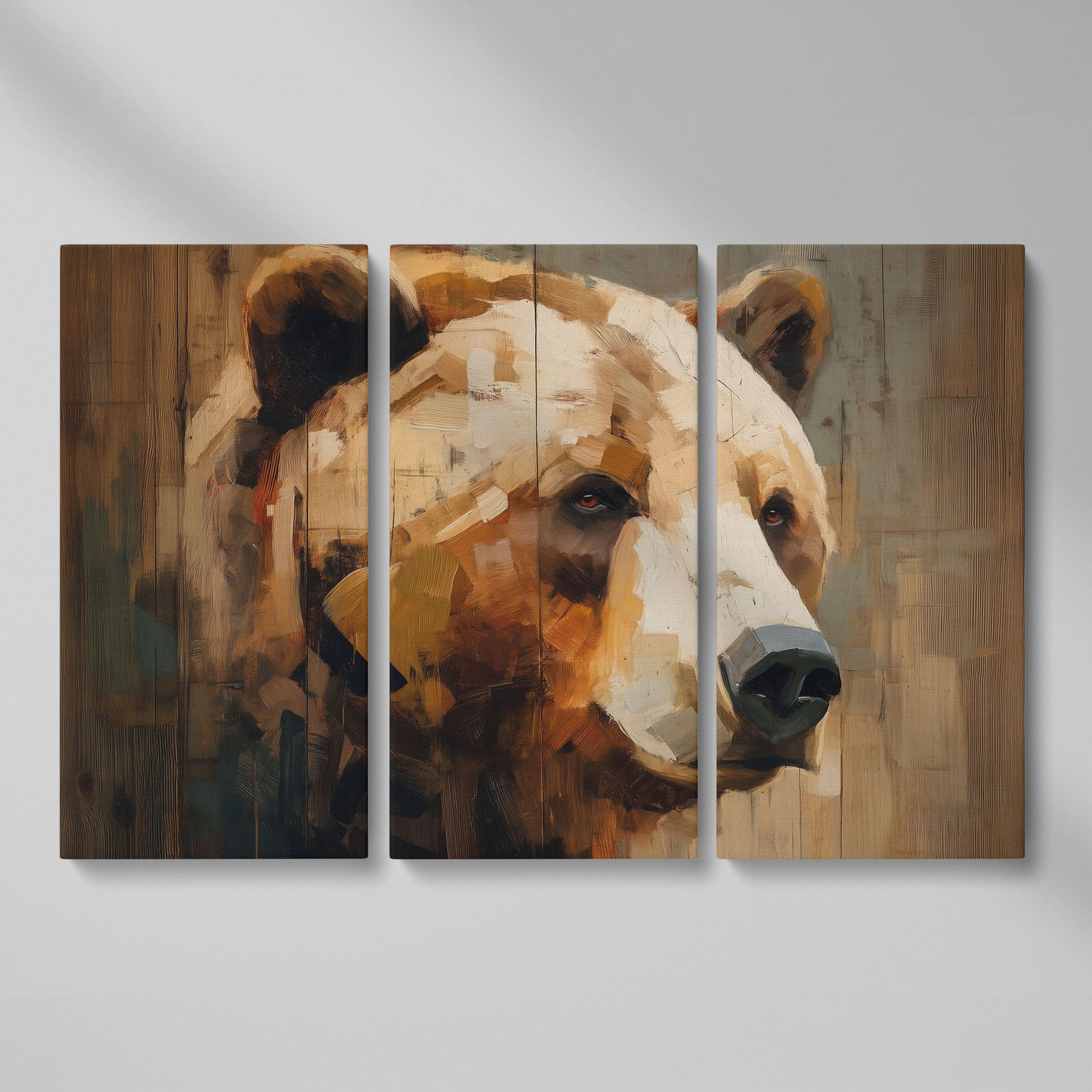 Grizzly Bear Portrait Canvas Wall Art, Cabin and Wildlife Decor as 3-panel split version