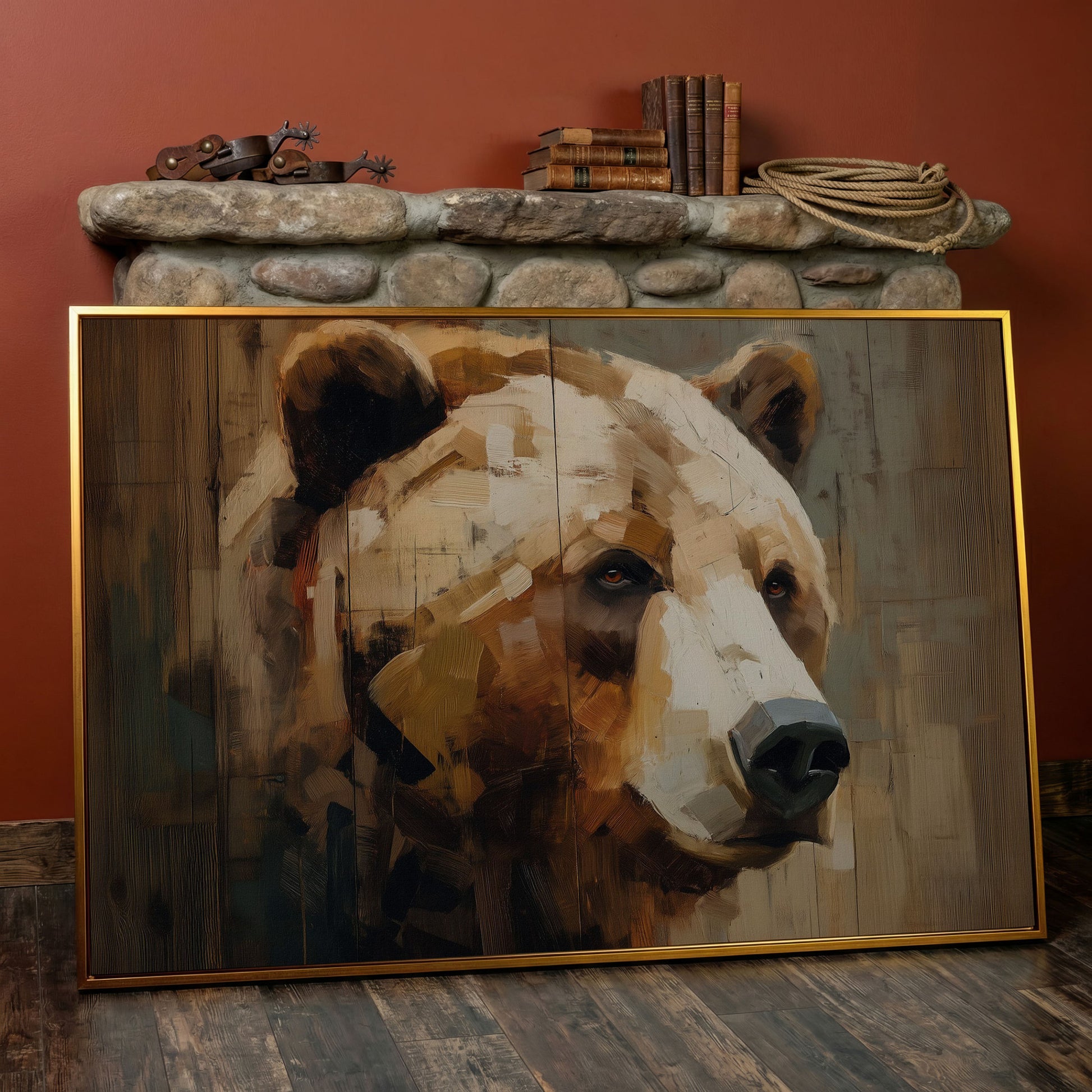 Grizzly Bear Portrait Canvas Wall Art, Cabin and Wildlife Decor in antique gold floating frame