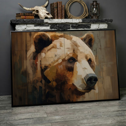 Grizzly Bear Portrait Canvas Wall Art, Cabin and Wildlife Decor in black floating frame